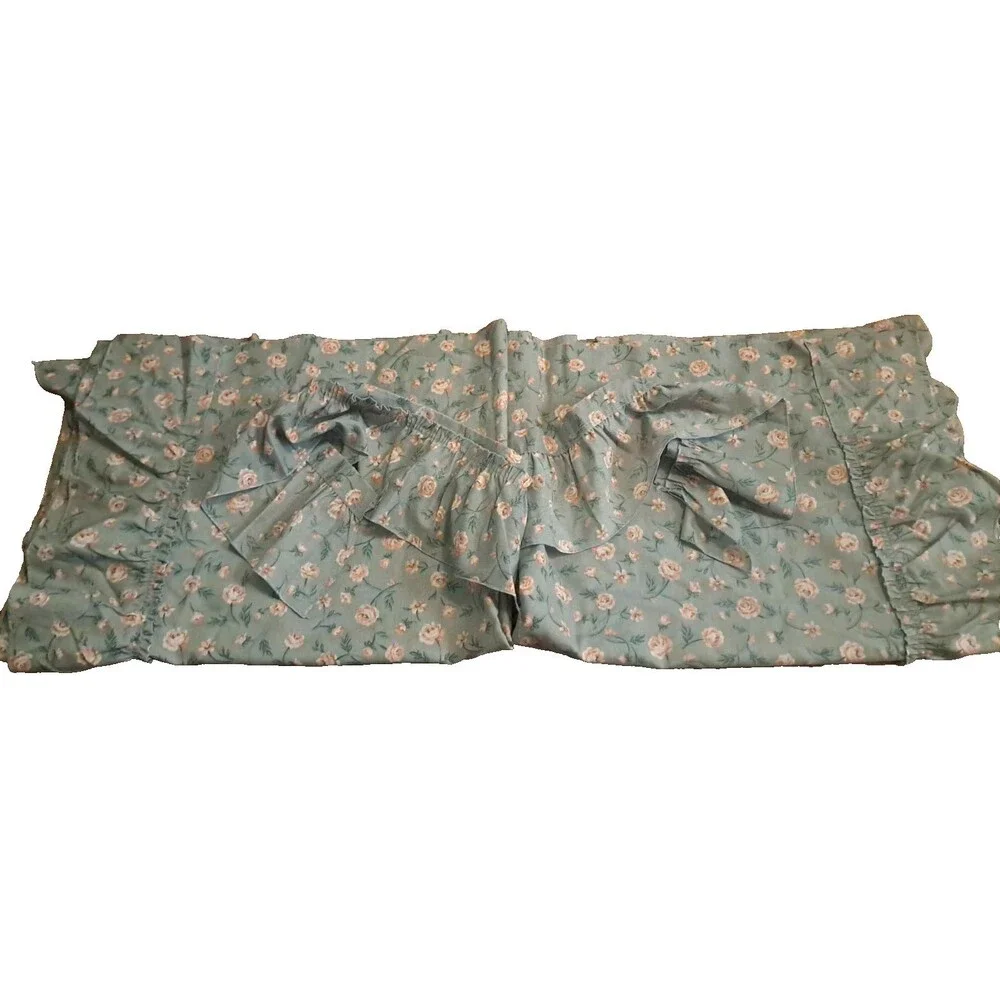 Vintage Gray Pink Roses Curtain Panels W Tiebacks Ruffled Country Cottage 64x84